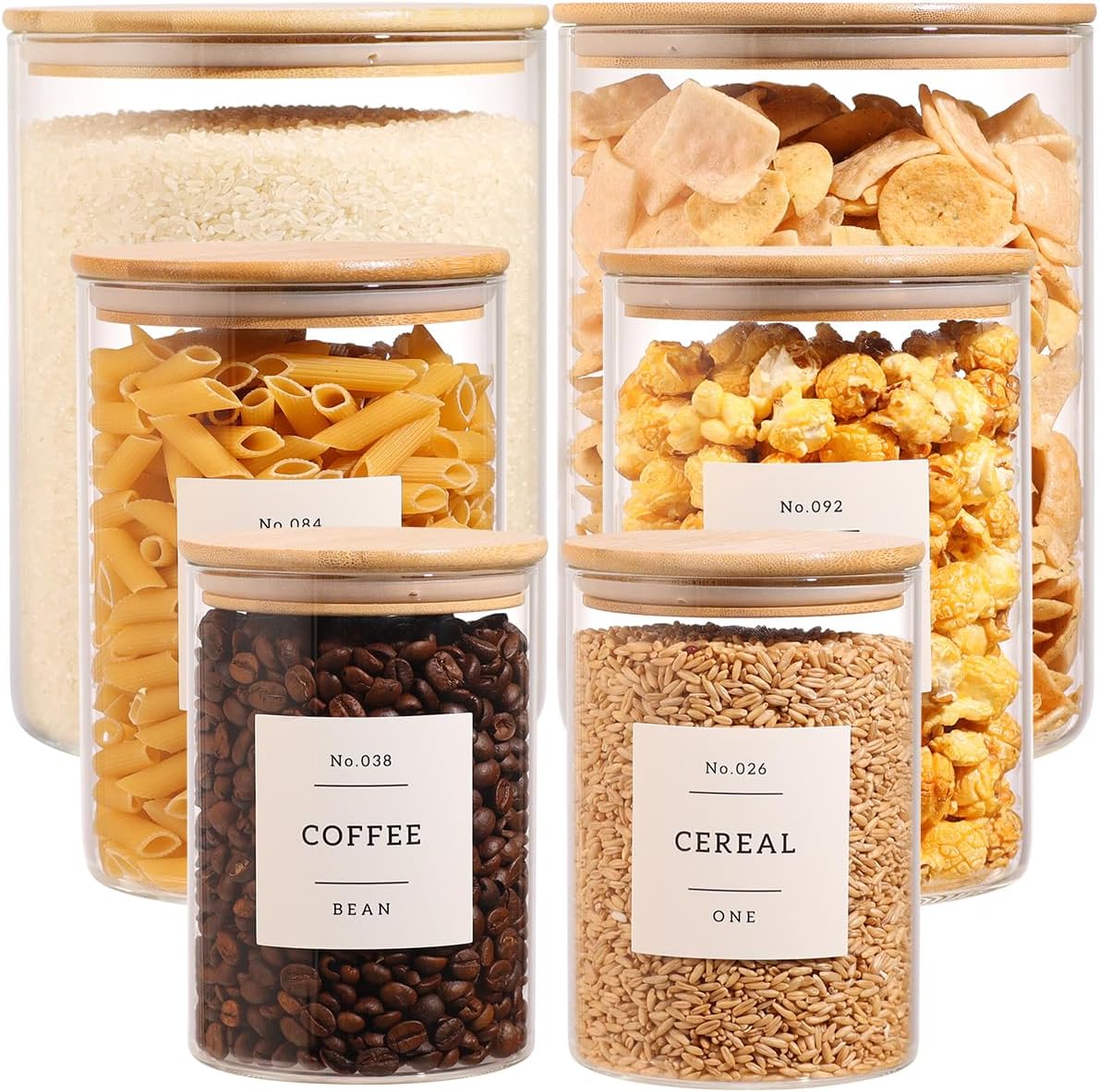 Borosilicate Glass Storage Jars with Bamboo Lids + 132 Pre-Printed Pantry Labels Included, BPA-Free Thicken Airtight Containers for Flour, Sugar, Rice, Microwave & Freezer Safe(100OZ/54OZ/27OZ)