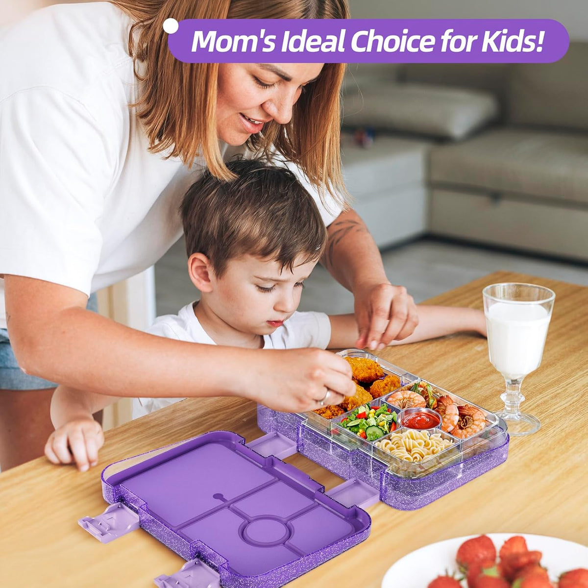 Bento Lunch Box for Kids, 6 Compartments BPA Free, Dishwasher Safe Back to School Snack Bento Lunch Containers Boxes, Ideal Portion Sizes for On-the-Go Meal, Ages 3+, School, Green Patterned