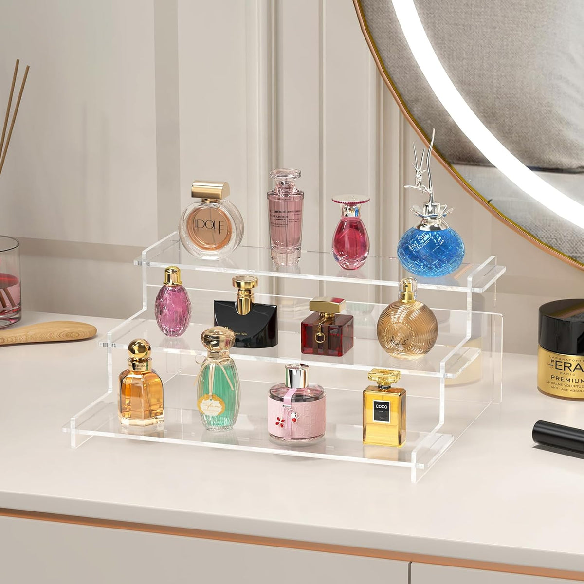 Acrylic Risers Display Stand, 3 Tier Cupcake Holder, Clear Perfume Organizer Stand, Display Shelf for Figures and Collection, Dessert Shelves for Party, Display Risers for Decoration and Organizer