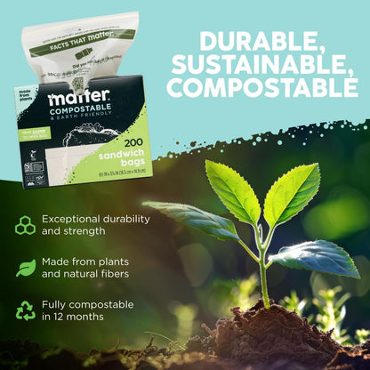 Matter Compostable Assorted Kitchen Bags, 230 Count, Biodegradable, Eco-Friendly Resealable Food Storage Variety Pack, 80 Snack, 80 Sandwich, 50 Quart & 20 Gallon