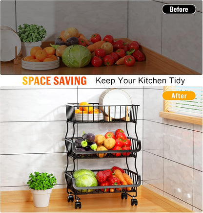 Gsiekare 3-Tier Rolling Pantry Organizer and Storage Cart with Wheels – Stackable Wire Snack Cart for Kitchen, Pantry Shelves and Storage Rack for Fruit, Vegetables, Onion, Potato (1 Pack)