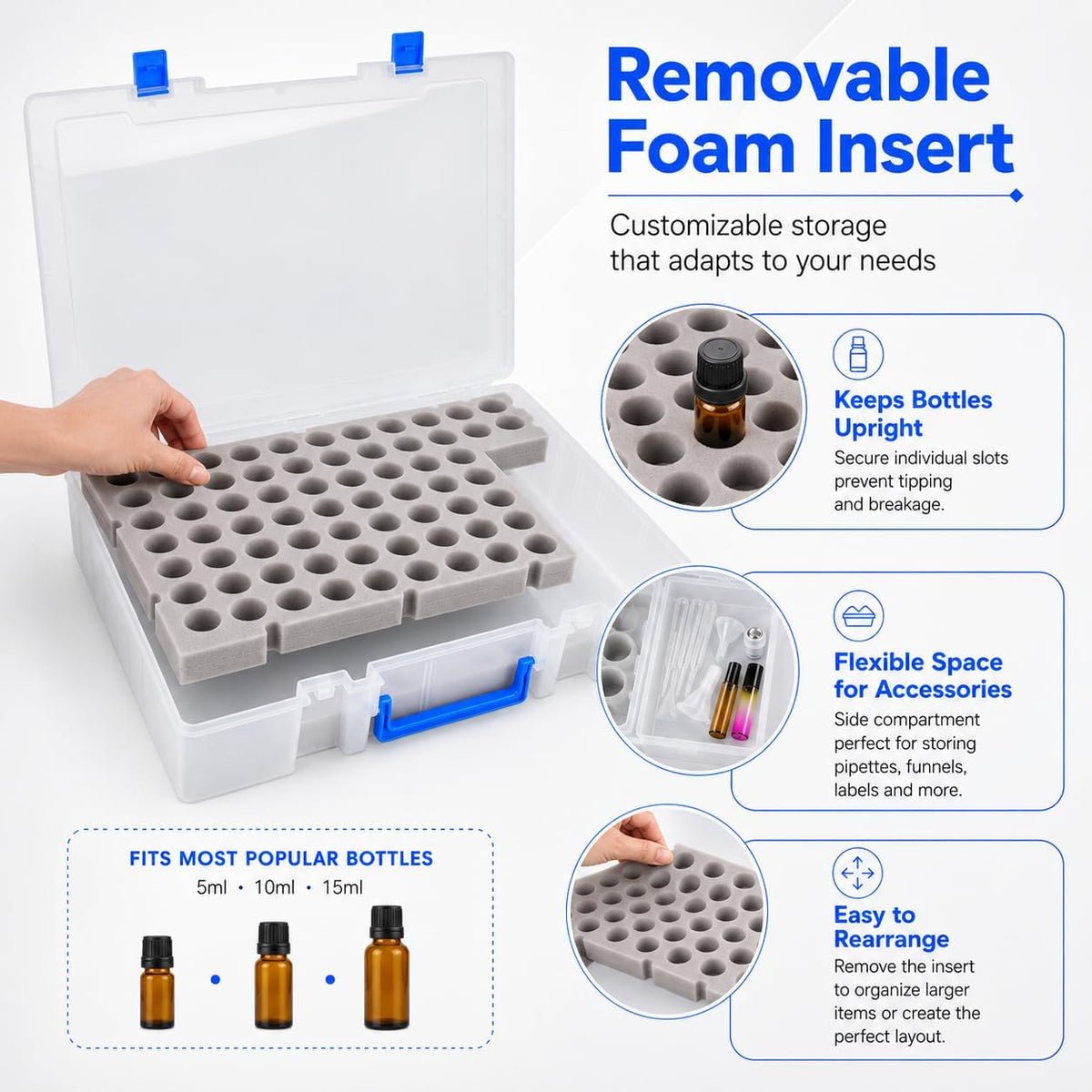 ALCYON Essential Oil Storage Case for 75 Bottles, Clear Plastic Organizer Box for 5ml 10ml 15ml Bottles, Essential Oils Bottle Holder with Removable Foam Insert, Stickers, Opener, Funnels & Pipettes