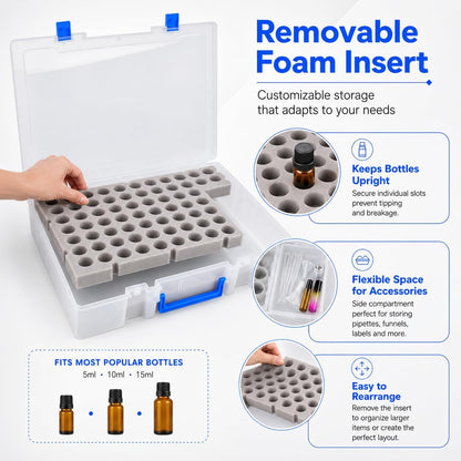 ALCYON Essential Oil Storage Case for 75 Bottles, Clear Plastic Organizer Box for 5ml 10ml 15ml Bottles, Essential Oils Bottle Holder with Removable Foam Insert, Stickers, Opener, Funnels & Pipettes