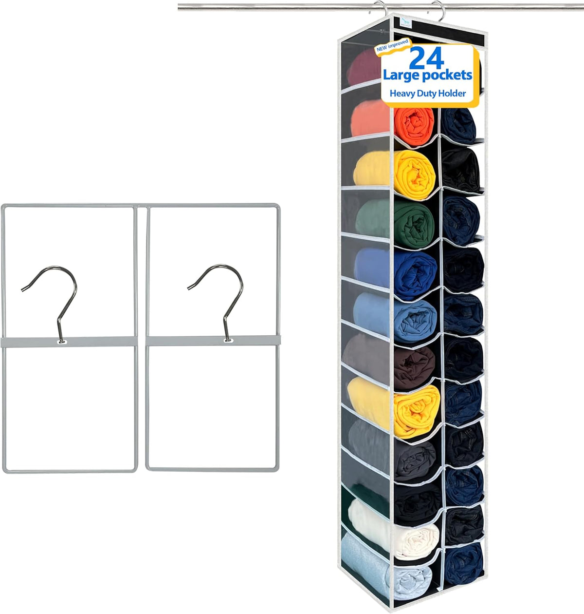 Over the Door Organizer Storage 6 Tier, 12 Large Capacity Side Pockets, Heavy Duty Metal Reinforced Hook Anti Tilt 75 LB Load Behind Door Storage for Bedroom Bathroom Pantry Nursery