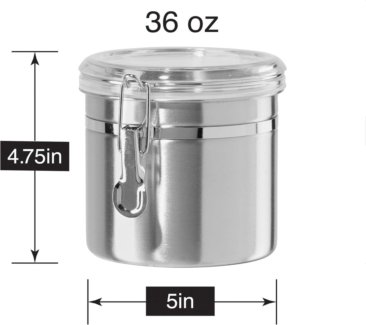 Oggi Stainless Steel Kitchen Canister 152 fl oz - Airtight Clamp Lid, Clear See-Thru Top - Ideal for Kitchen Storage, Food Storage, Pantry Storage. Jumbo Size 8" x 8".