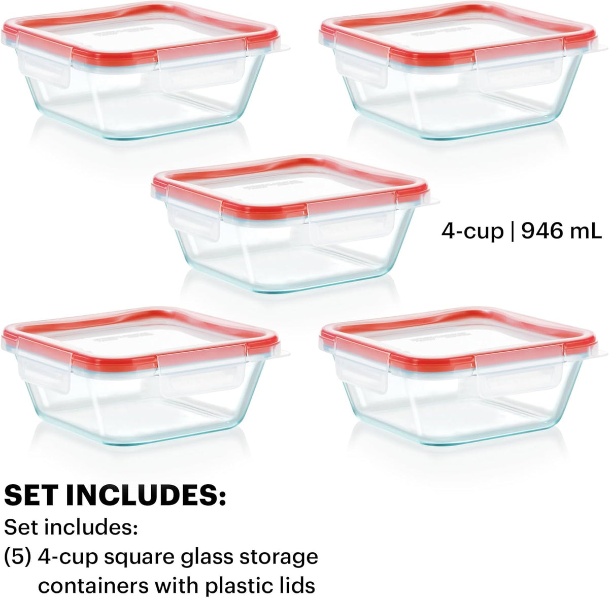 Pyrex Freshlock (4 Cup) Glass Food Storage Containers Set, Airtight & Leakproof Plastic Locking Lids BPA-Free, Meal Prep Containers Set, Freezer Dishwasher Microwave Safe