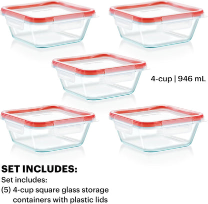 Pyrex Freshlock (4 Cup) Glass Food Storage Containers Set, Airtight & Leakproof Plastic Locking Lids BPA-Free, Meal Prep Containers Set, Freezer Dishwasher Microwave Safe