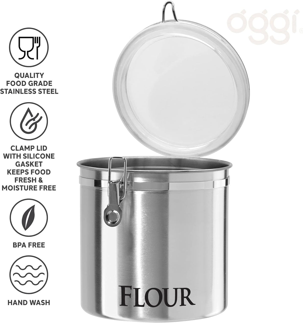 Oggi Stainless Steel Kitchen Canister 152 fl oz - Airtight Clamp Lid, Clear See-Thru Top - Ideal for Kitchen Storage, Food Storage, Pantry Storage. Jumbo Size 8" x 8".