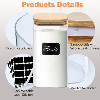 2.2 Qt Square Glass Storage Containers with Lids, Clear Food Storage Container Jar with Sealing Bamboo Lid Storage Containers for Pasta, Oats, Coffee, Flour, Sugar (Square -3Pack)
