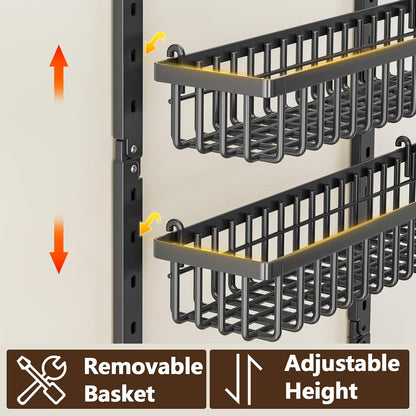 POKIPO 9 Tier Over The Door Pantry Organizer, 2 in 1 Wall Mount or Hanging Spice Rack with Adjustable Deep Basket, Heavy-Duty Seasoning Organizer and Storage for Kitchen Cabinet Closet Bathroom