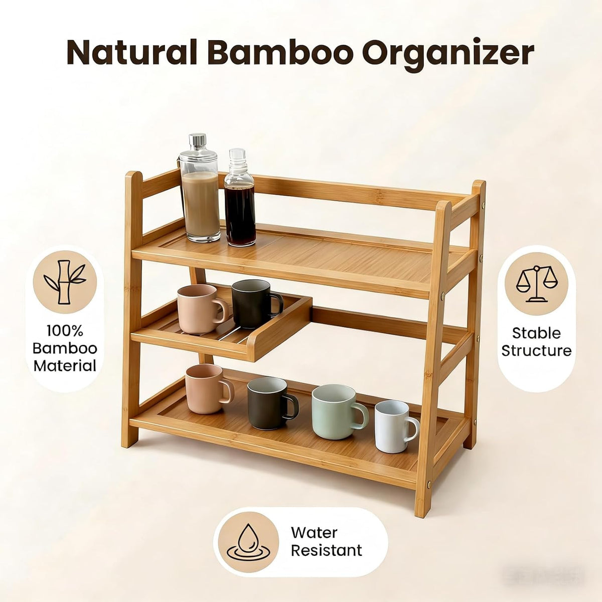 3 Tier Bamboo Matcha Station, coffee station organizer Shelf for Kitchen Countertop, Tea Bar - Matcha Powder, Tools & Cup Organizer for Matcha Lovers, Home Baristas.
