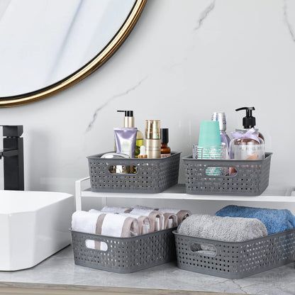 [ 12 Pack ] Plastic Storage Baskets - Small Pantry Organization and Storage Bins - Household Organizers for Laundry Room, Bathrooms, Bedrooms, Kitchens, Cabinets, Countertops, Under Sink or On Shelve