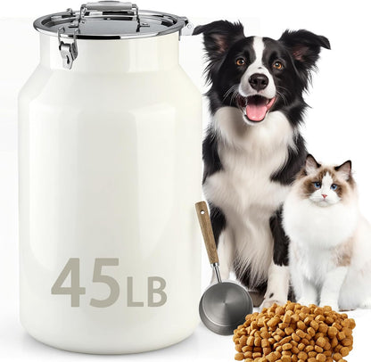 Dog-Cat Food Storage Container 45 lb/48 Qt, Large Stainless Steel Pet Food Bin with Airtight Lid & Scoop Included, Durable 304 Metal Storage for Dogs & Cats