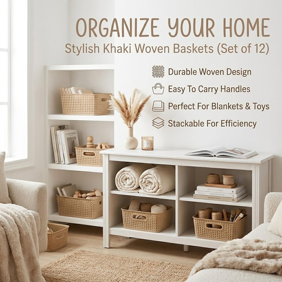 Khaki Stackable Storage Baskets, Plastic Weave Basket Organizer and Storage Set of 12, Pantry Organizing Baskets for Shelves, Kitchens, Bathrooms, Classrooms, Cabinets and Bedrooms