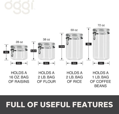 Oggi Clear Canister Set with Clamp Lids & Spoons - Airtight Food Storage Containers, Ideal for Kitchen & Pantry Storage of Bulk, Dry Food Including Flour, Sugar, Coffee, Rice, Tea, Spices & Herbs