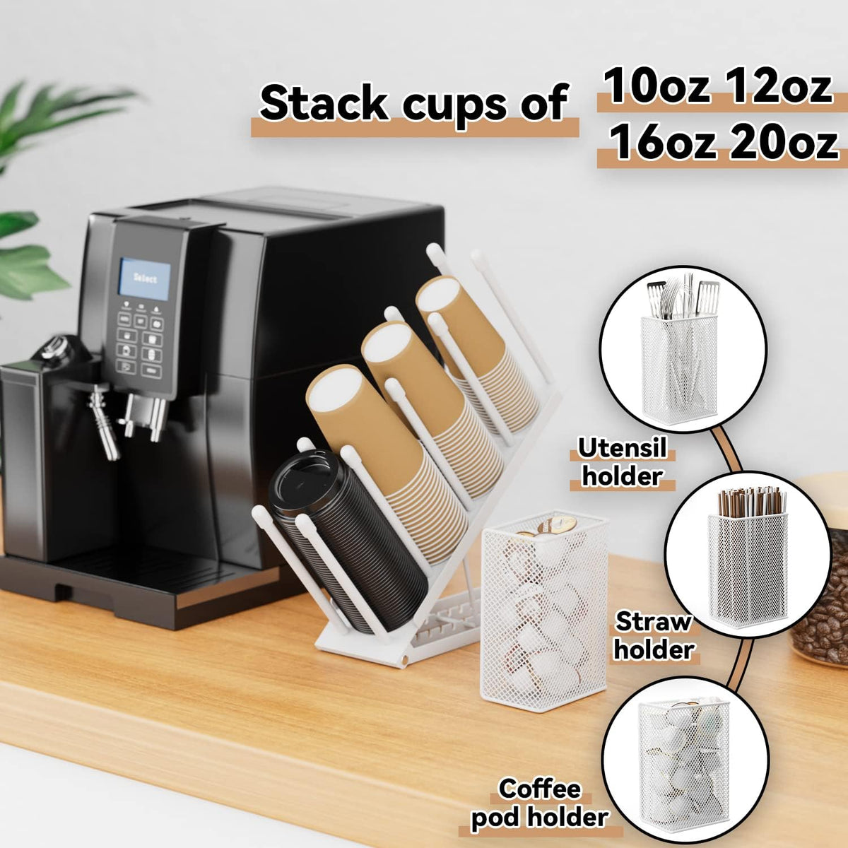 OVICAR Cup and Lid Holder - Adjustable Coffee Cup Holder Organizer 4 Compartment Disposable Cup Dispenser with Coffee Pod Straw Storage Basket for Coffee Station Bar Countertop Breakroom Metal Black