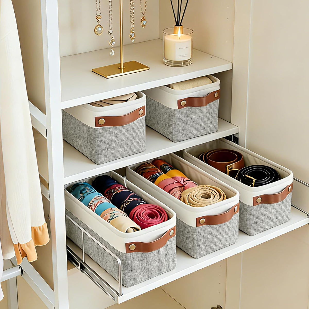 Bagnizer Large Fabric Storage Baskets | 50L Storage Bins, Decorative Linen Closet Baskets with Handles for Organizing, Shelf, Toys, Clothes, Home, Office, Nursery, 17x12x15Inches (Grey&White)