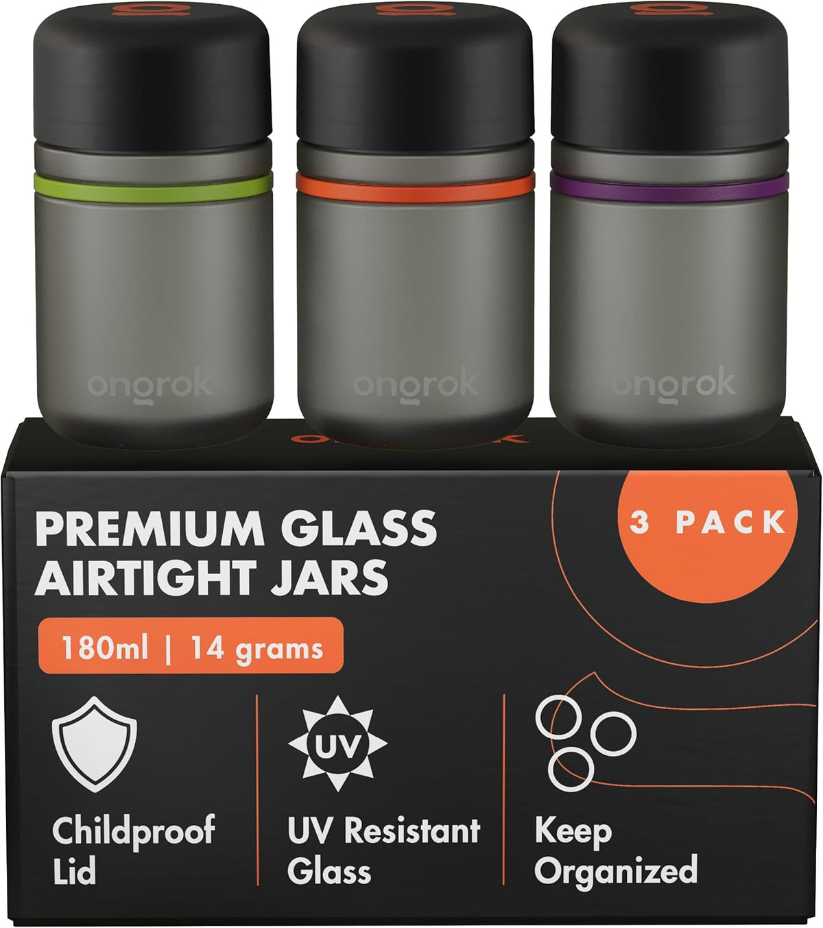 ONGROK Glass Storage Jar, 180ml | UV Herb/Spice Jar with Child‑Resistant Lid, Color‑Coded Glass Containers to Preserve Smell and Aroma