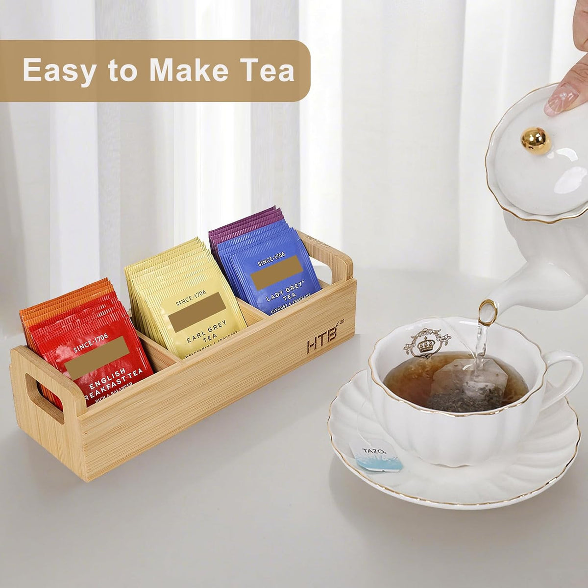 HTB Small Tea Bag Box Wooden, 3 Compartments Acacia Wood Tea Bag Chest with Handle, Mini Countertop Divided Storage Container for Beverage Supplies, Sugar, Sweeteners, Individual Packets