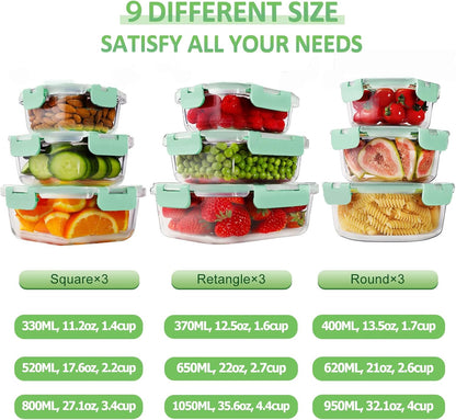 HOMBERKING 18 Piece Glass Food Storage Containers with Lids, Glass Meal Prep Containers, Airtight Lunch Bento Boxes, BPA-Free & Leak Proof, Oven, Freezer and Dishwasher Safe (9 lids & 9 Containers)