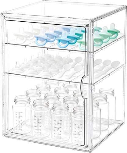Baby Bottle Organizer, 3-Tier Bottle Storage for Countertop with Double Magnetic Doors, Clear Plastic Bottle Station Organizer Mom Gifts with 2 Dividers for Kitchen, Bathroom, Cabinet, Vanity
