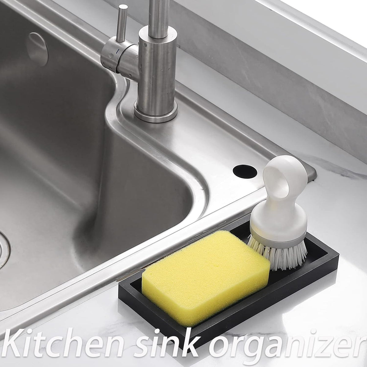 Small Silicone Bathroom Vanity Tray Rectangle Soap and Sponge Holder Kitchen Sink Organizer for Scrubber, Lotion Bottles, Perfume, Jewelry, Candle, Key Trinket Ring, Black