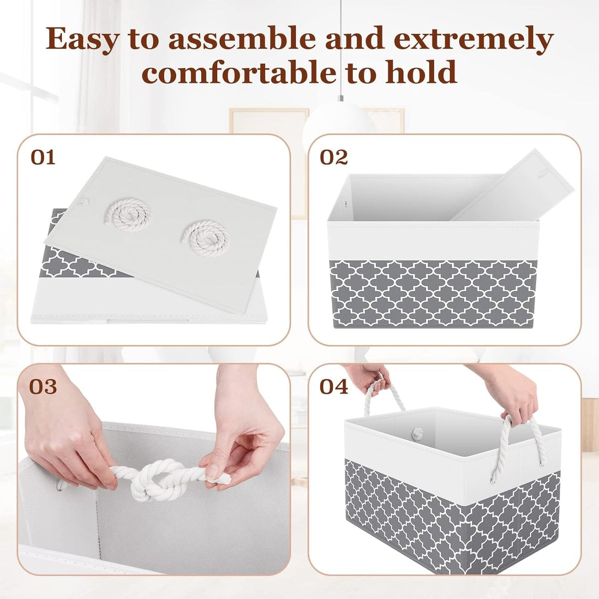 Fab totes Storage Bins, Foldable Storage Baskets for Organizing Toys, Books, Shelves, Closet, Large Storage Box with Rope Handles, Sturdy Organizer Bins, White & Grey