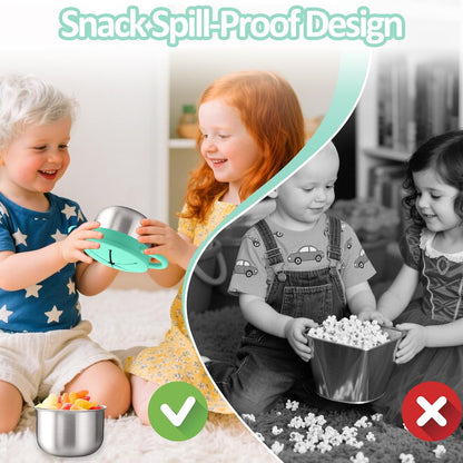 BUSOHA 2 Pack Stainless Steel Toddler Snack Cups - 9 OZ Spill-Proof Baby Snack Containers with Silicone Catcher and Lid Travel Snack Containers for Kids Food Grade Silicone Dishwasher Safe