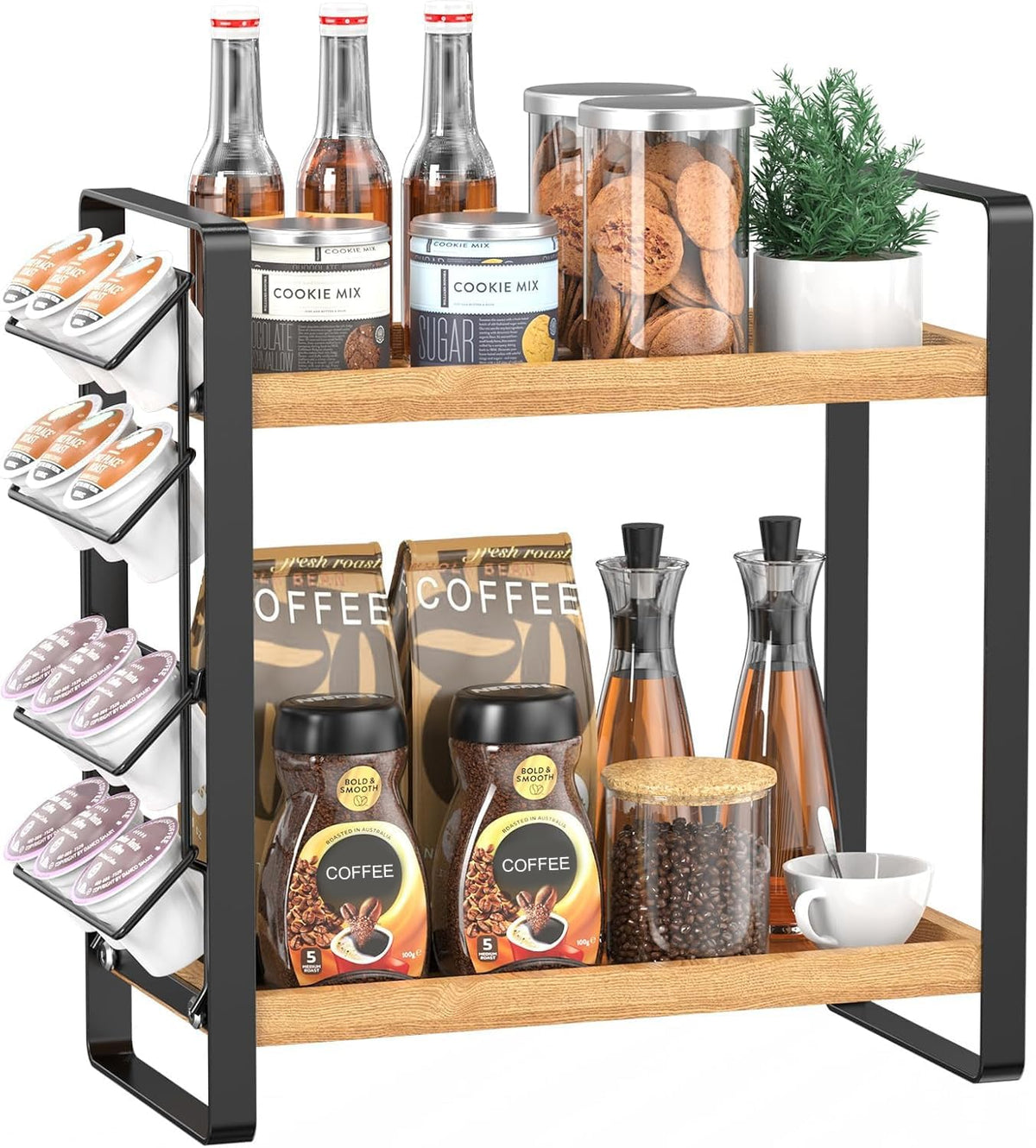 LEMIKKLE 2-Tier Coffee Bar Organizer With Basket,Wooden Counter Shelf for Coffee Bar Accessories,Kitchen Spice Rack Organizer for Countertop-Brown