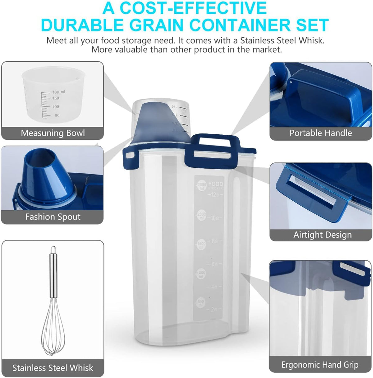 Uppetly Rice Airtight Dry Food Storage Containers, BPA Free Plastic Storage Bin Dispenser with Pourable Spout, Measuring cup for Cereal, Flour and Baking Supplies, Include a Stainless Steel Whisk