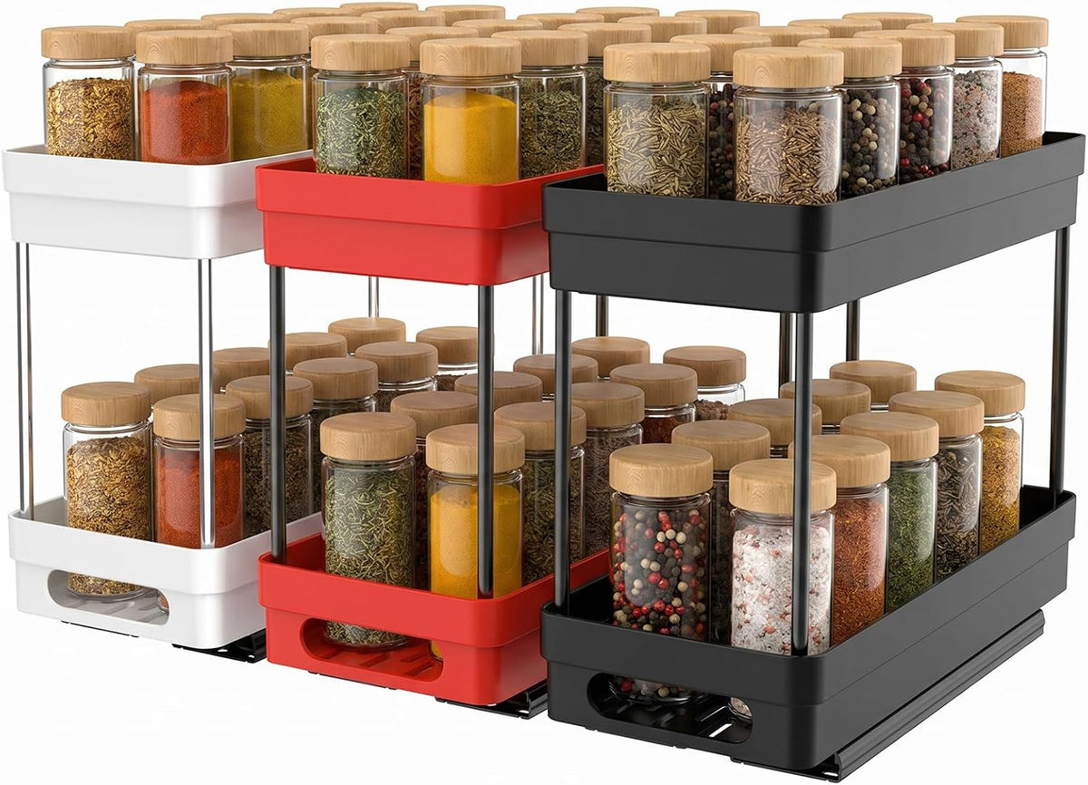 Pull Out Spice Rack Organizer for Cabinet, Slide Out Spice Racks Organizer, Spice Cabinet Organizers, Cabinet Size Need:12'' Highx11'' Deepx5'' Wide,Hold 10 Spice Jar Each Tier-2Tier, Black