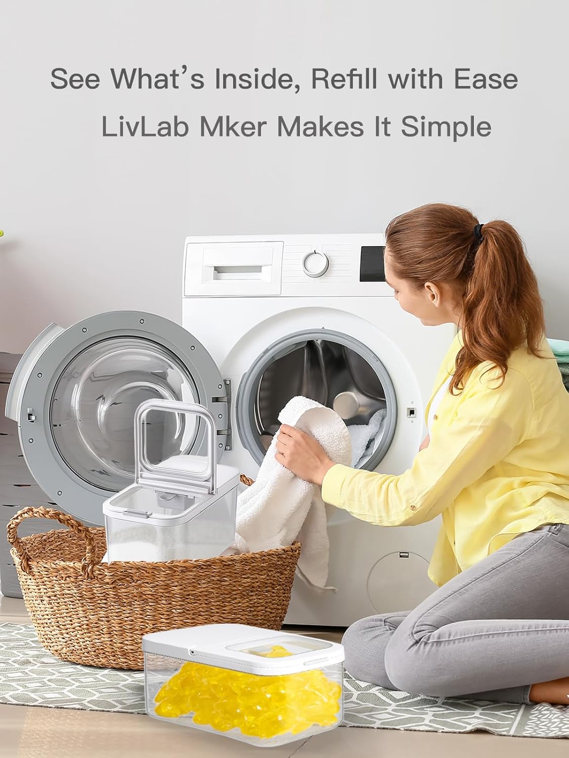 LivLab Mker Laundry Detergent Dispenser with One-Press Lid,Clear PET Powder container with Measuring Cup, Pods container 5.5L/12Lbs/200oz(270 Pods)
