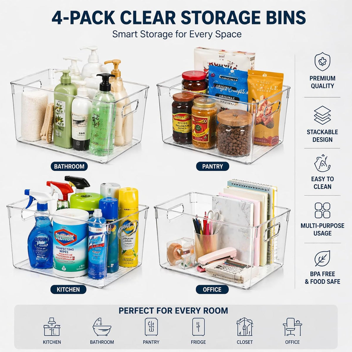MOONEDGE Set of 4 Clear Plastic Organizer Bins, 2 Large & 2 Small Storage Bins for Pantry, Nestable Space-Saving Containers for Cabinets, Under-Sink, Bathroom, Kitchen & Freezer Organization