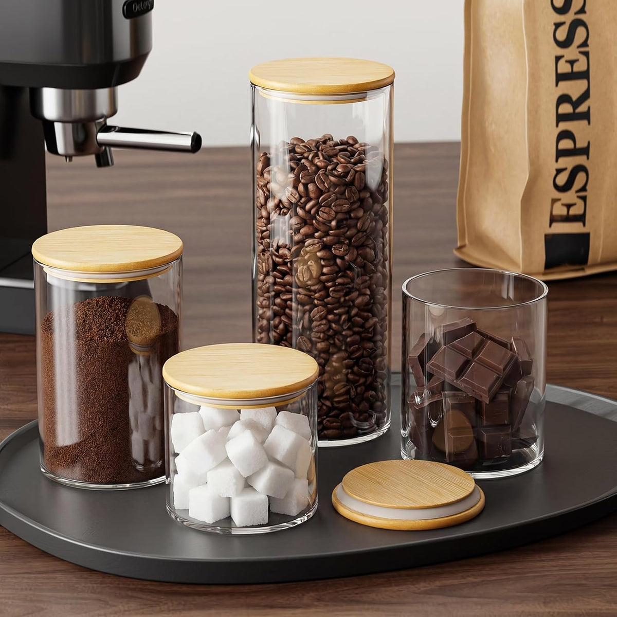 Glass Sugar Container with Spoon - 15oz Glass Jars with Bamboo Lid and Spoon, Bamboo Lid Storage Jar Canister for Coffee Beans, Spice, Brown Sugar, Tea, Flour, Nuts, Candy, Salts and More