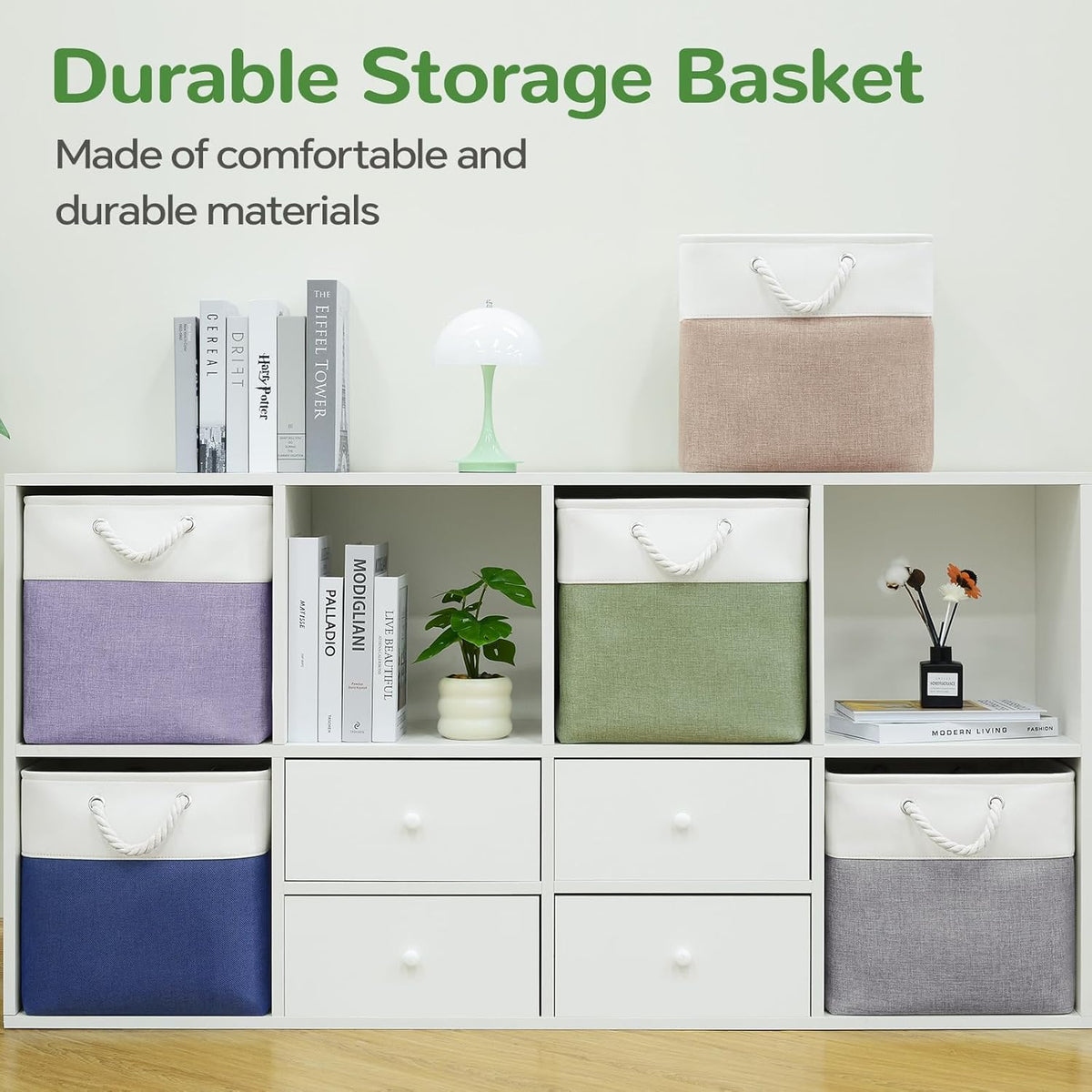 Large Storage Baskets- 15.7x11.8x8.26 inch Storage Bins for Shelves and Closet Organizing, Foldable Fabric Bin for Home Organization Clothes and Laundry (3-Pack, White&Khaki)