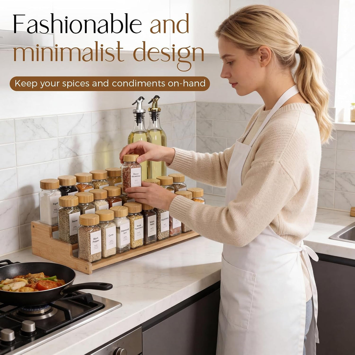 Spice Rack Organizer for Cabinet, 18in Bamboo Tiered Spice Rack，Used for Kitchen Countertops and Food Storage Room Organizer，Specially Designed for Jars and Spice Bottles(Bamboo, L)