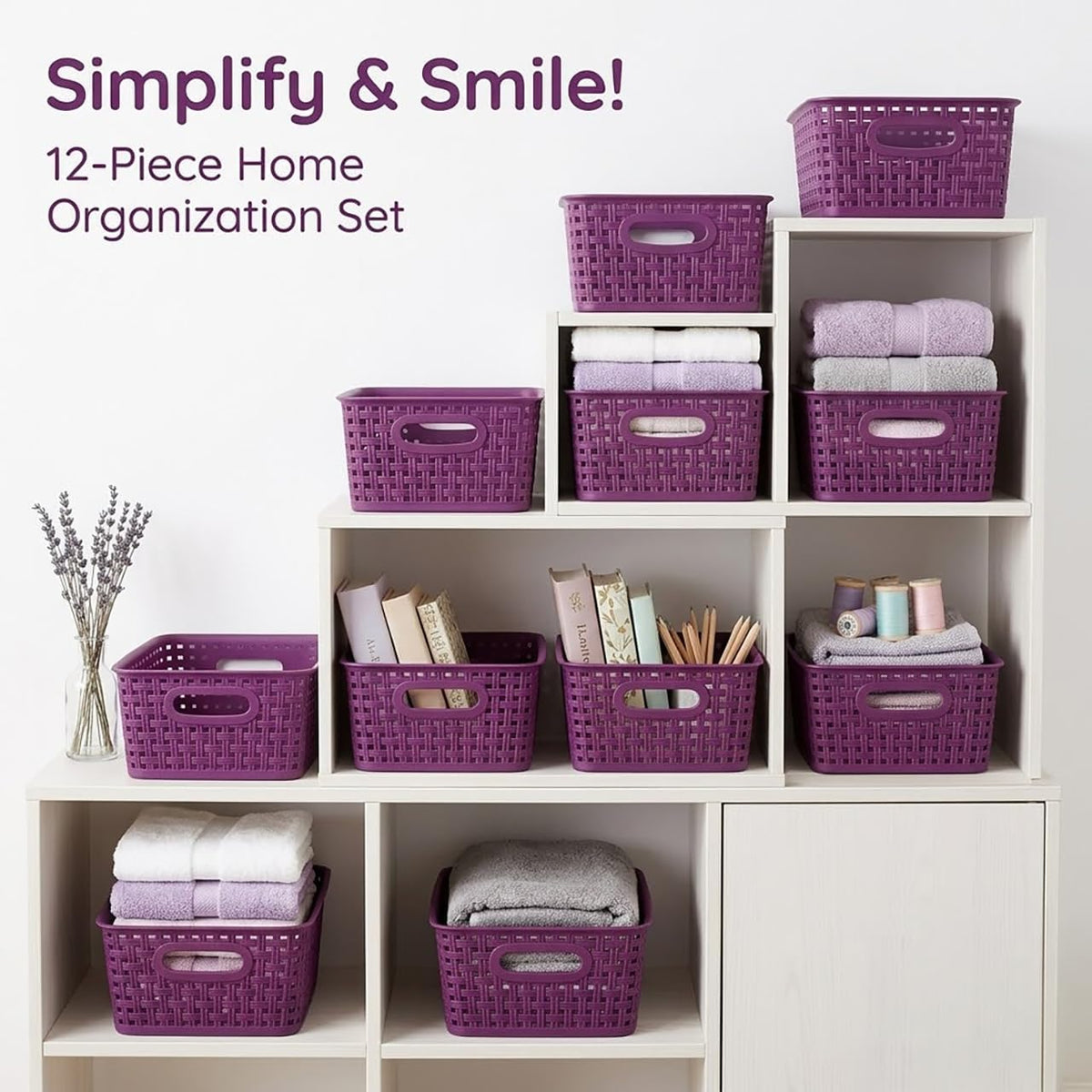 Khaki Stackable Storage Baskets, Plastic Weave Basket Organizer and Storage Set of 12, Pantry Organizing Baskets for Shelves, Kitchens, Bathrooms, Classrooms, Cabinets and Bedrooms