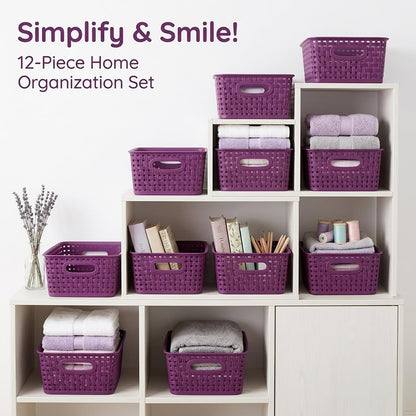 Khaki Stackable Storage Baskets, Plastic Weave Basket Organizer and Storage Set of 12, Pantry Organizing Baskets for Shelves, Kitchens, Bathrooms, Classrooms, Cabinets and Bedrooms