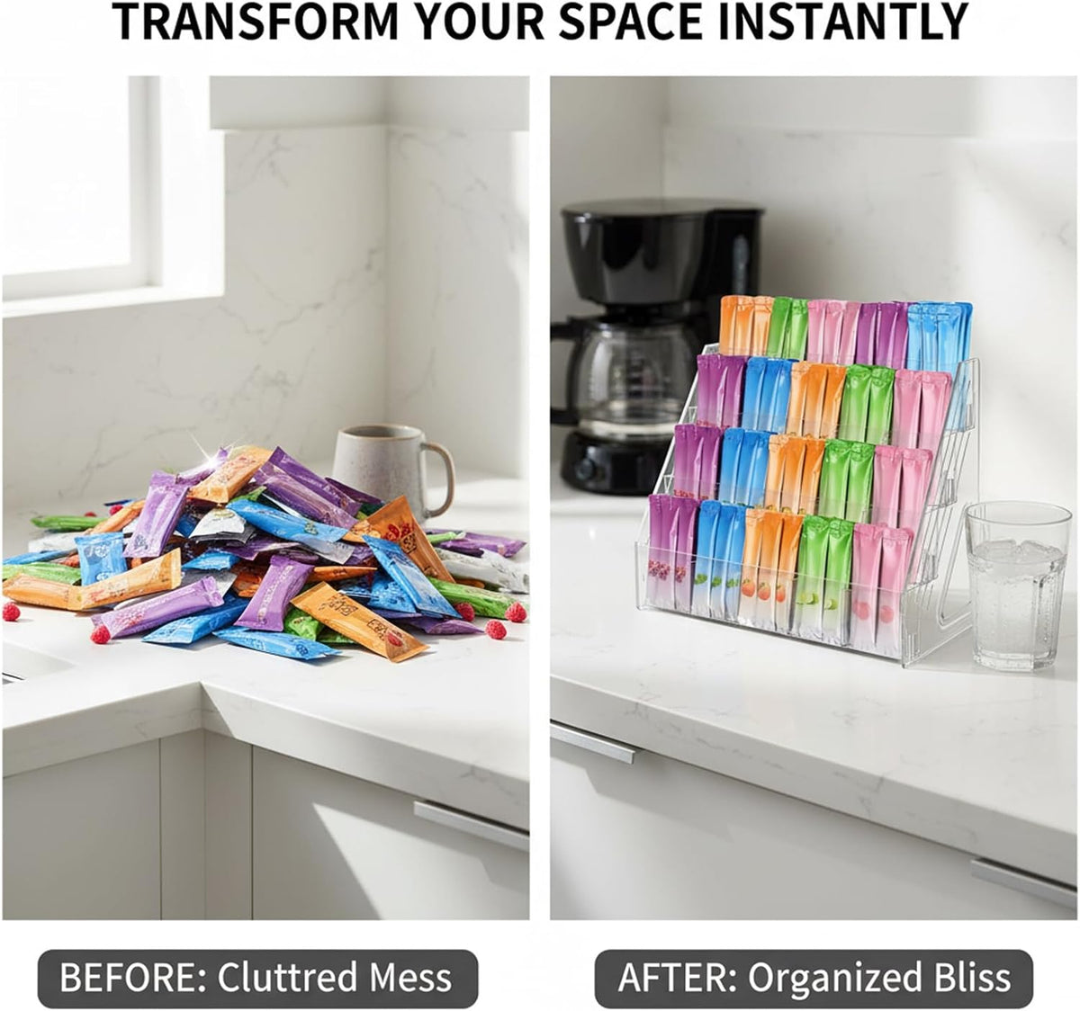 3-Tier Acrylic Drink Packet Organizer with 15 Compartments, Sugar Packets Drink Mix Organizer, Water Flavor Packet Holder for Kitchen Pantry Cabinet Storage,Coffee Station