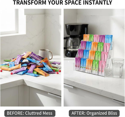 3-Tier Acrylic Drink Packet Organizer with 15 Compartments, Sugar Packets Drink Mix Organizer, Water Flavor Packet Holder for Kitchen Pantry Cabinet Storage,Coffee Station
