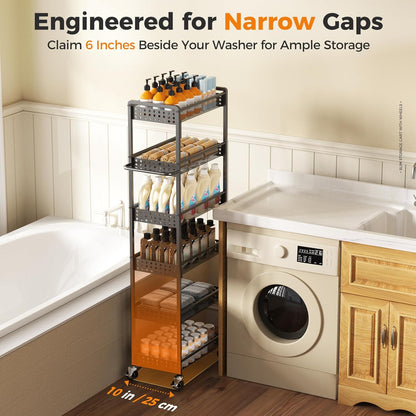 5 Tier Kitchen Storage Cart with Wheels, Utility Fruit Vegetable Storage Rack Stand with Pull-Out Baskets & Wood Top, Metal 4-Drawers Rolling Snack Cart, Kitchen Cart for Potato Onion(Black)