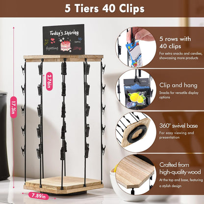 Pinzoveco Chip Rack Display Stand, 5 Tiers 40 Clips Snack Organizer for Office Desk, 360° Rotating Wooden Base Chip Holder Candy Display for Concession Stand, Countertop, Party, With Message Board