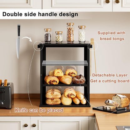 WOWLIVE Black Bread Box for Kitchen Countertop, Large 3 Layers Bread Storage Container for Homemade Bread with Window, Farmhouse Breadbox Organizer for Kitchen, Cabinet, Pantry (Black, Meduim)