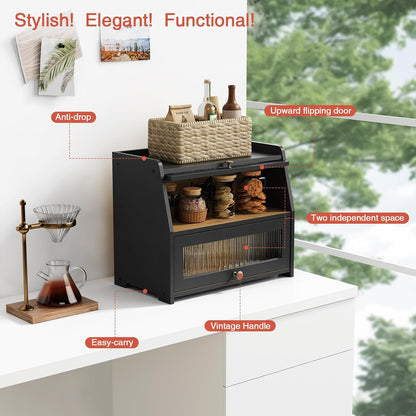 Goozii Large Bread Box for Kitchen Countertop, Black Bread Storage Container for Homemade Bread, Double Layer Farmhouse Breadbox Organizer for Kitchen Counter Cabinet, Pantry, Cupboard (Black)