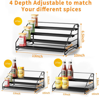 RCHYFEED Spice Rack Organizer for Cabinet Pantry,4 Tier Spice Rack Countertop, Depth Adjustable Spice Organization for Cabinet,Tierd Seasoning Organizer for Cabinet(Black) | for Cabinet Pantry