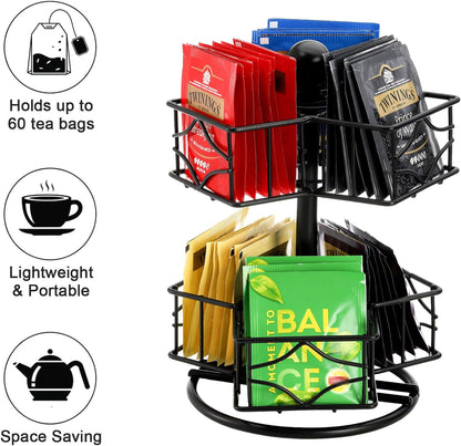 Frcctre Tea Bag Organizer, 360 Degree Tea Bag Spining Carousel Organizer with 6 Compartments, Lazy Susan Sugar Coffee Creamer Caddy for Kitchen Counter Cabinet Organizer, Up to 60 Tea Bags Storage