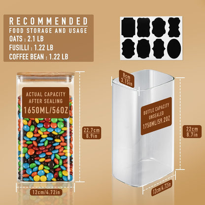 D2scrma 37oz Rectangle Airtight Glass Storage Containers with Bamboo Lids (Set of 6), Square Food Storage Jar, Pantry Organizers for Cereal, Nuts, Snacks and Coffee beans (‎with Black Lable)