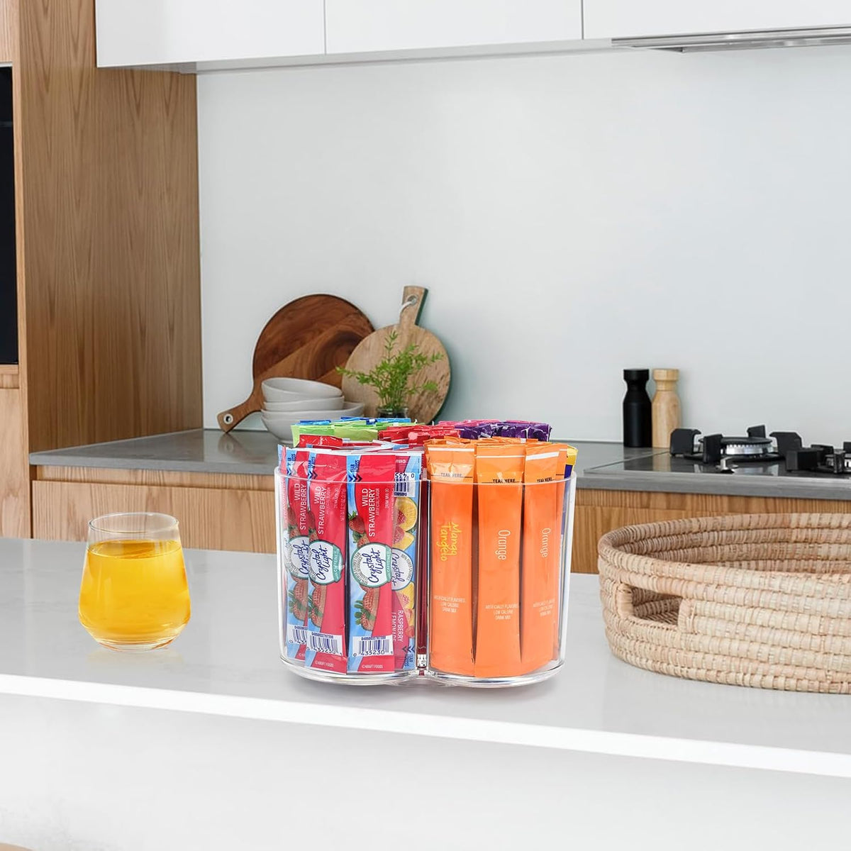 Drink Packet Organizer For Powdered Drink Mix,Powder Packet,Water Packet,Water Flavor Packet,Lazy Susan Organizer Rotating Holder for Drink Mix Necessities（Square）