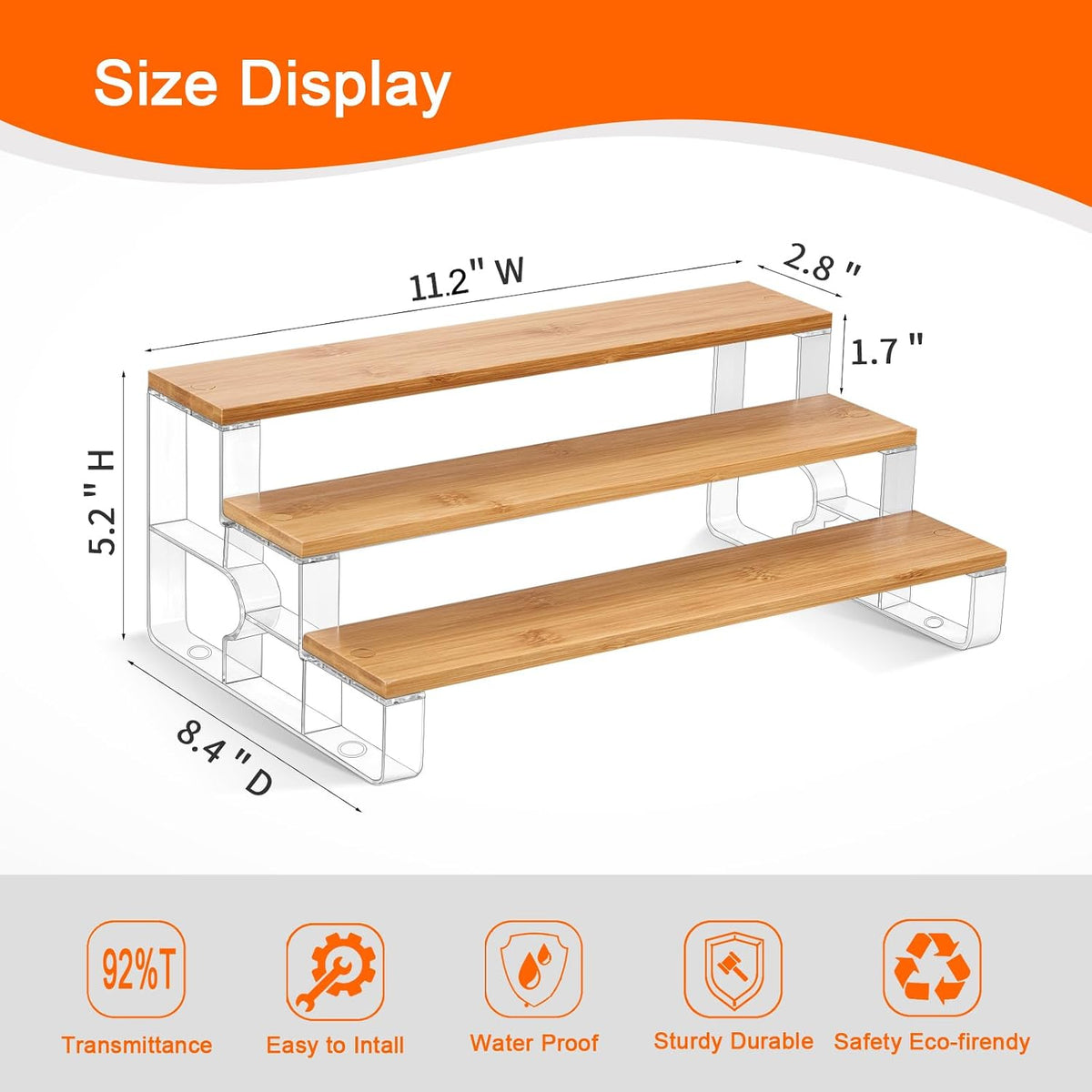 junyuan Spice Rack Organizer for Cabinet,3 Tier Spice Organization for Kitchen,Bathroom Organizers and Storage,Seasoning Countertop Shelf,Bamboo Display Shelves Racks,Clear 11.2"