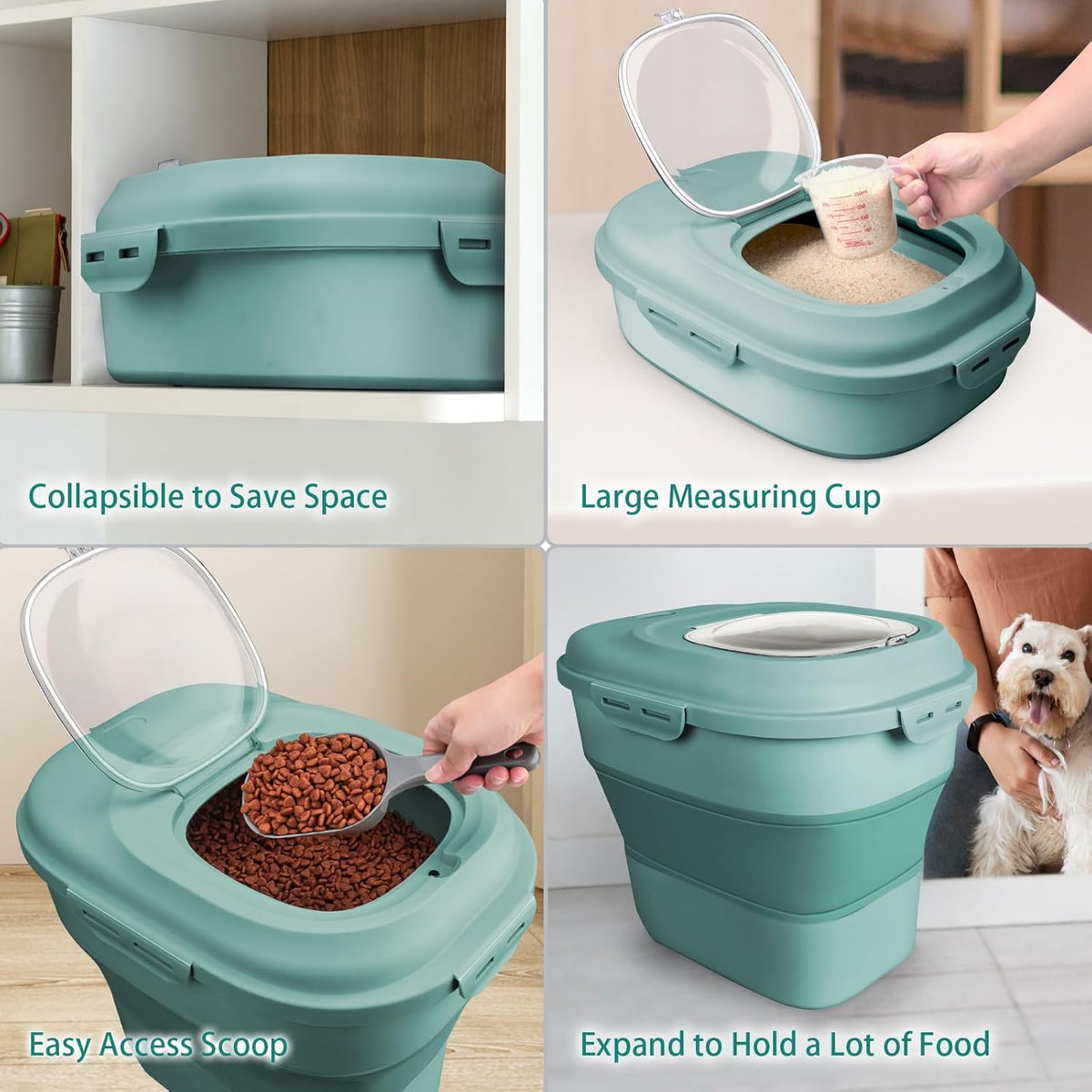 Komzon Rice Storage Bin Cereal Containers, 13-50lb Collapsible Rice Container Dispenser with Transparent Lid, Rolling Wheels, Measuring Cup and Scoop, Airtight Dog Cat Pet Food Storage Container Pink